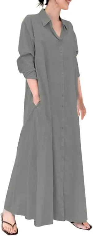 Caftans Dresses for Women Gauze Maxi Botton Dowm Long Sleeve Shirt Dress Lapel Fall Causal Loose Dress with Pockets