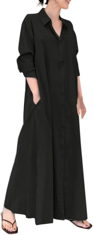Caftans Dresses for Women Gauze Maxi Botton Dowm Long Sleeve Shirt Dress Lapel Fall Causal Loose Dress with Pockets