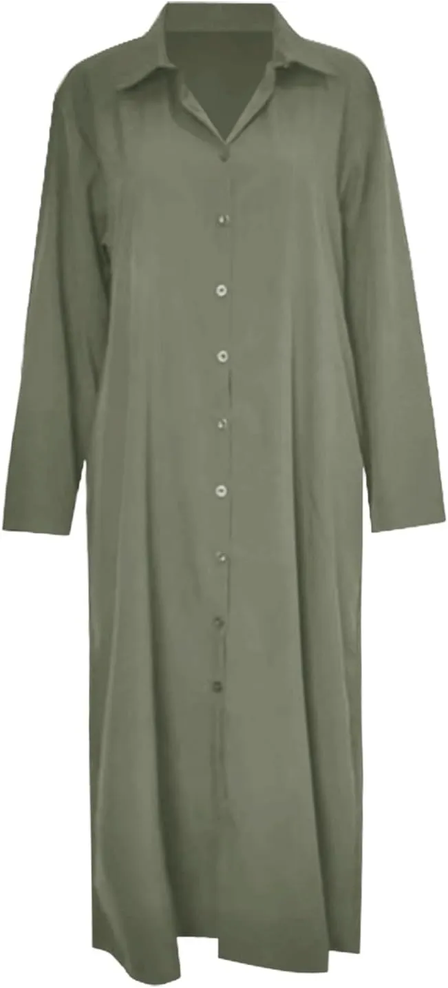 Caftans Dresses for Women Gauze Maxi Botton Dowm Long Sleeve Shirt Dress Lapel Fall Causal Loose Dress with Pockets