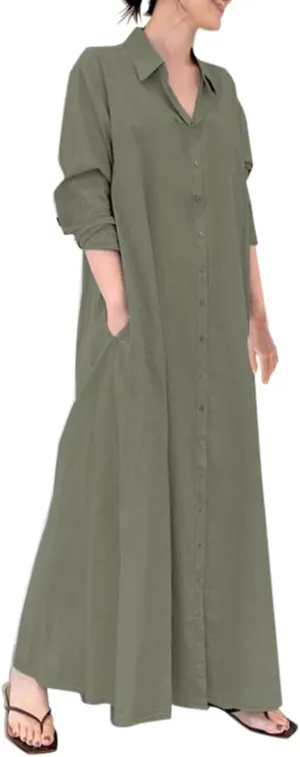Caftans Dresses for Women Gauze Maxi Botton Dowm Long Sleeve Shirt Dress Lapel Fall Causal Loose Dress with Pockets