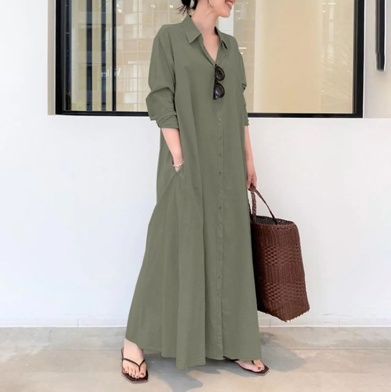 Caftans Dresses for Women Gauze Maxi Botton Dowm Long Sleeve Shirt Dress Lapel Fall Causal Loose Dress with Pockets