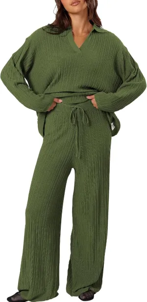 Cakulo Womens 2024 Lounge Sets 2 Piece Outfits Wide Leg Loungewear Sweatsuits Army Green XL