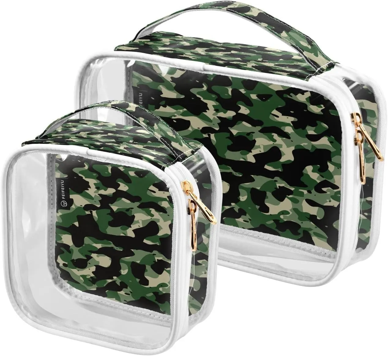 Camouflage-texture 2 Pack Clear Toiletry Bag Women Men, Portable Waterproof Clear Pouch, Cosmetic Bag with Double Zippers Large Opening Traveling with Handle for Bathroom Traveling Vacation Organizing
