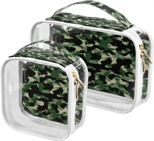 Camouflage-texture 2 Pack Clear Toiletry Bag Women Men, Portable Waterproof Clear Pouch, Cosmetic Bag with Double Zippers Large Opening Traveling with Handle for Bathroom Traveling Vacation Organizing