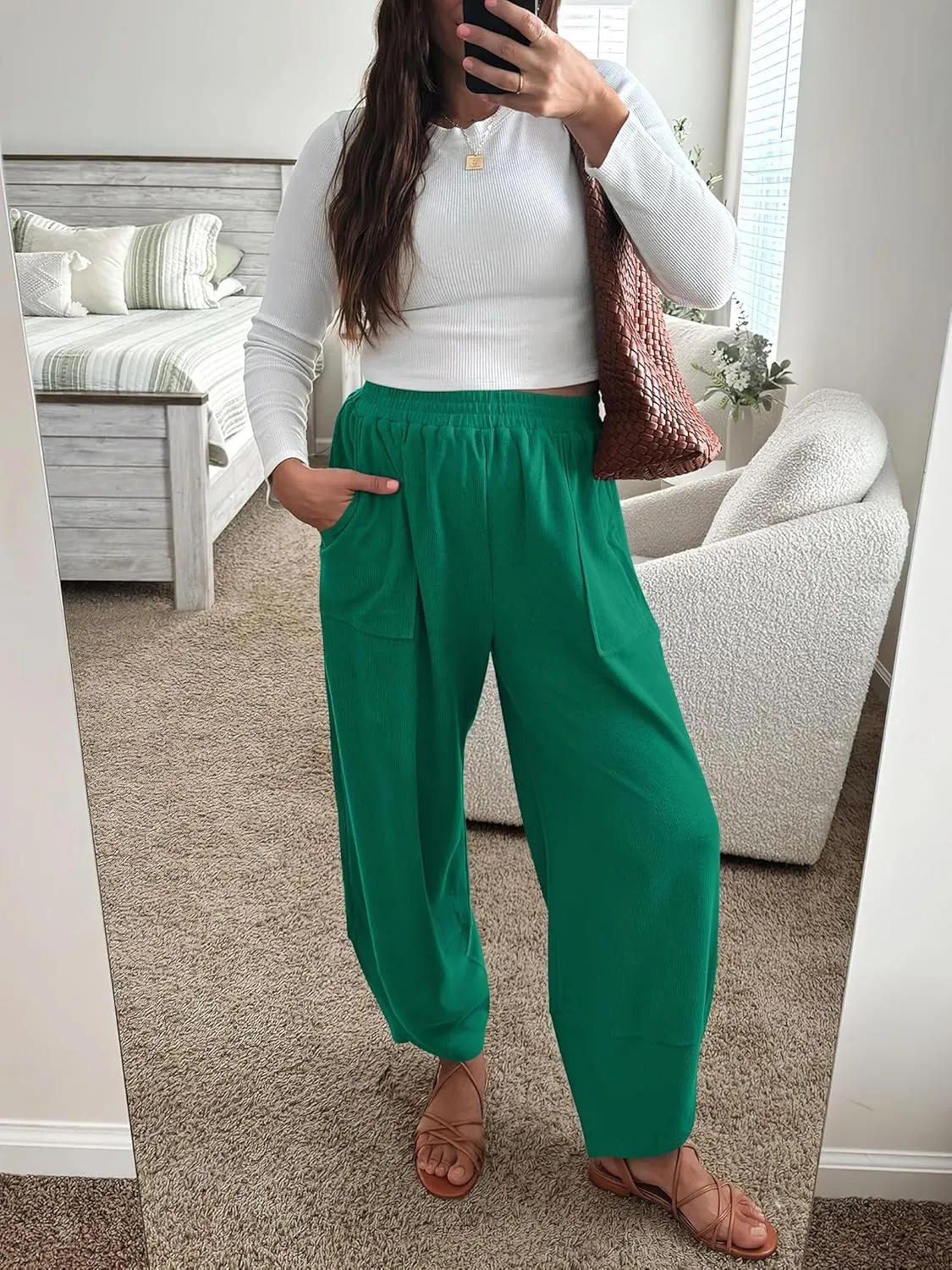 Caracilia Women Wide Leg Pants Casual Elastic Waist Loose Baggy Harem Comfy Beach Lounge Sweatpants with Pockets