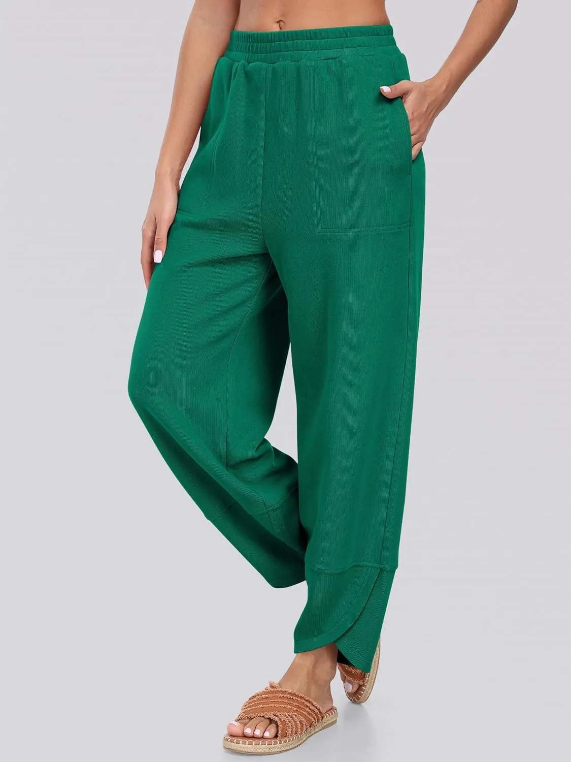 Caracilia Women Wide Leg Pants Casual Elastic Waist Loose Baggy Harem Comfy Beach Lounge Sweatpants with Pockets