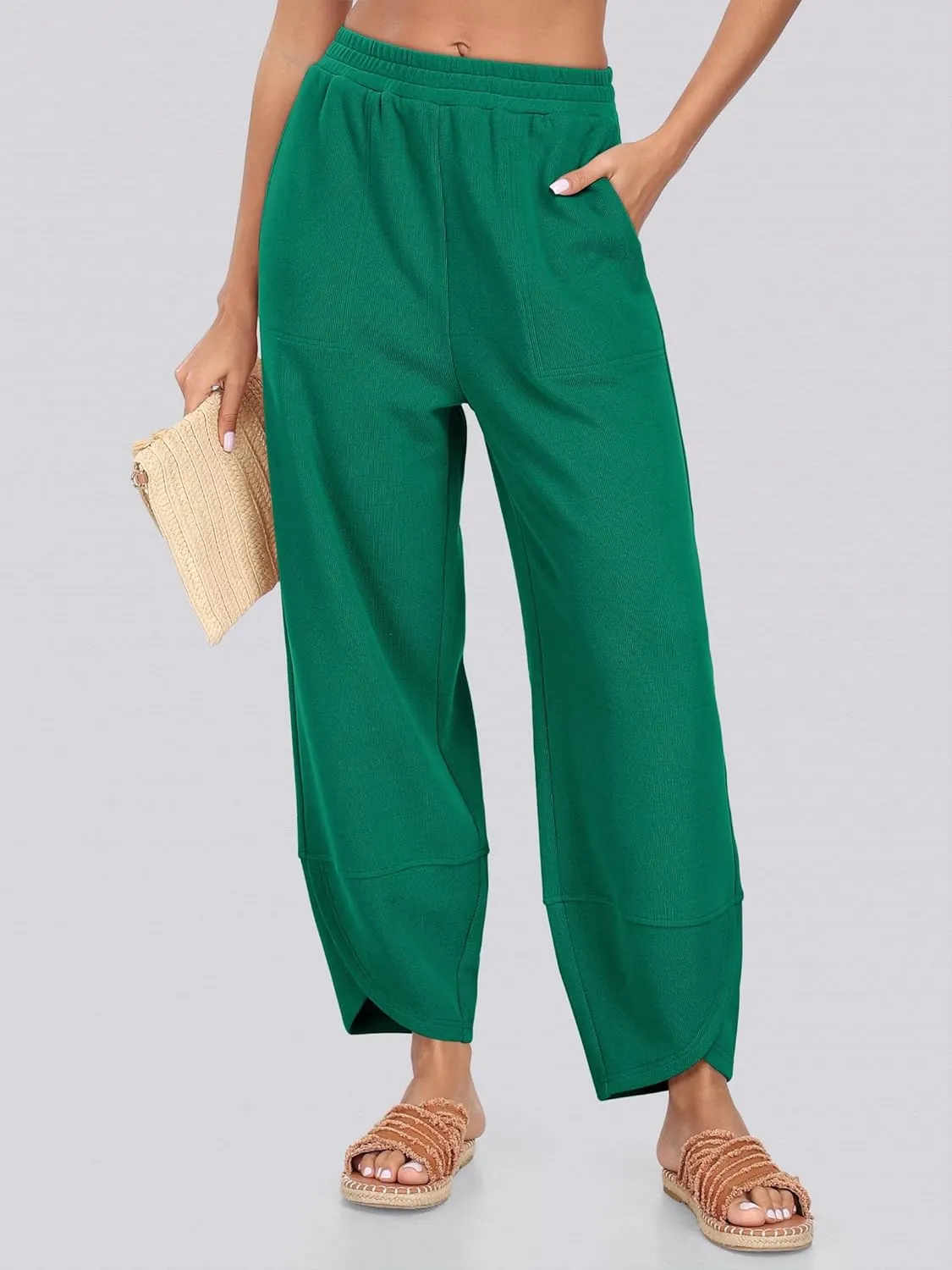 Caracilia Women Wide Leg Pants Casual Elastic Waist Loose Baggy Harem Comfy Beach Lounge Sweatpants with Pockets