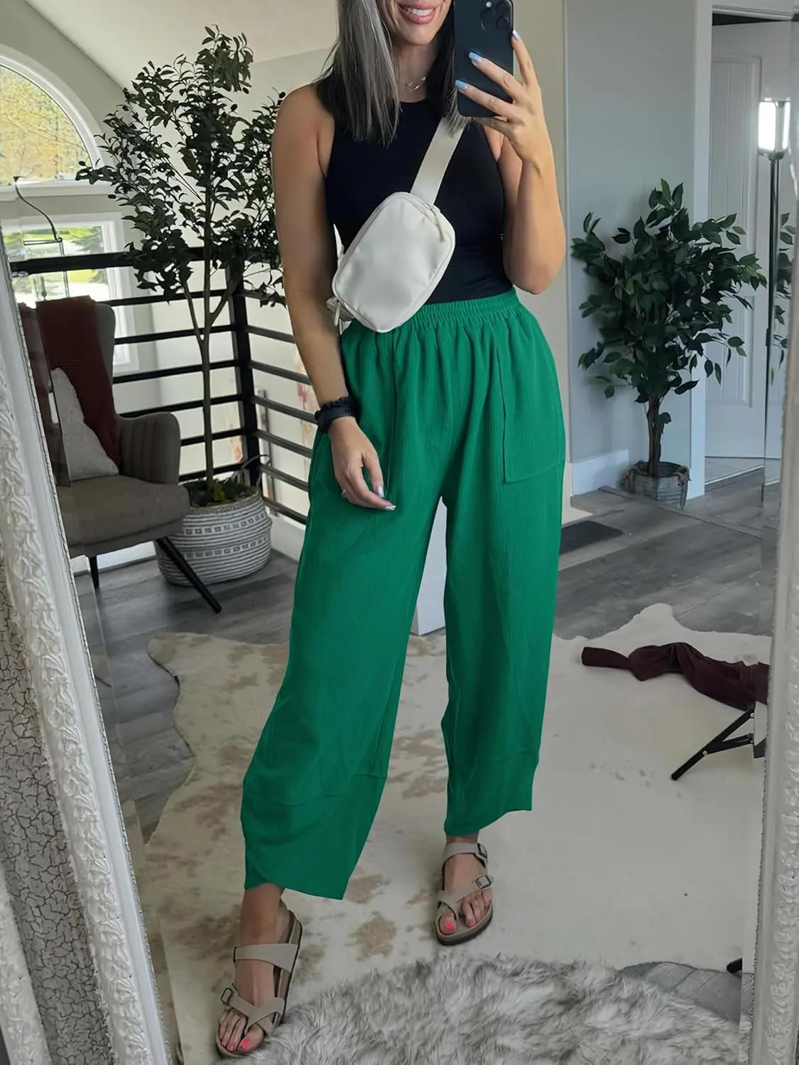 Caracilia Women Wide Leg Pants Casual Elastic Waist Loose Baggy Harem Comfy Beach Lounge Sweatpants with Pockets