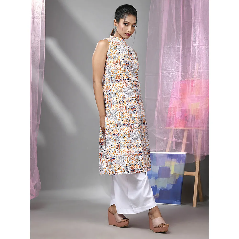 CHARUKRITI White and Blue Cotton High Neck Tribal Printed Kurta with Palazzo (Set of 2)
