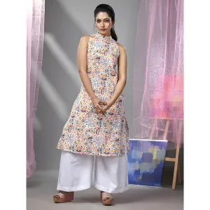 CHARUKRITI White and Blue Cotton High Neck Tribal Printed Kurta with Palazzo (Set of 2)