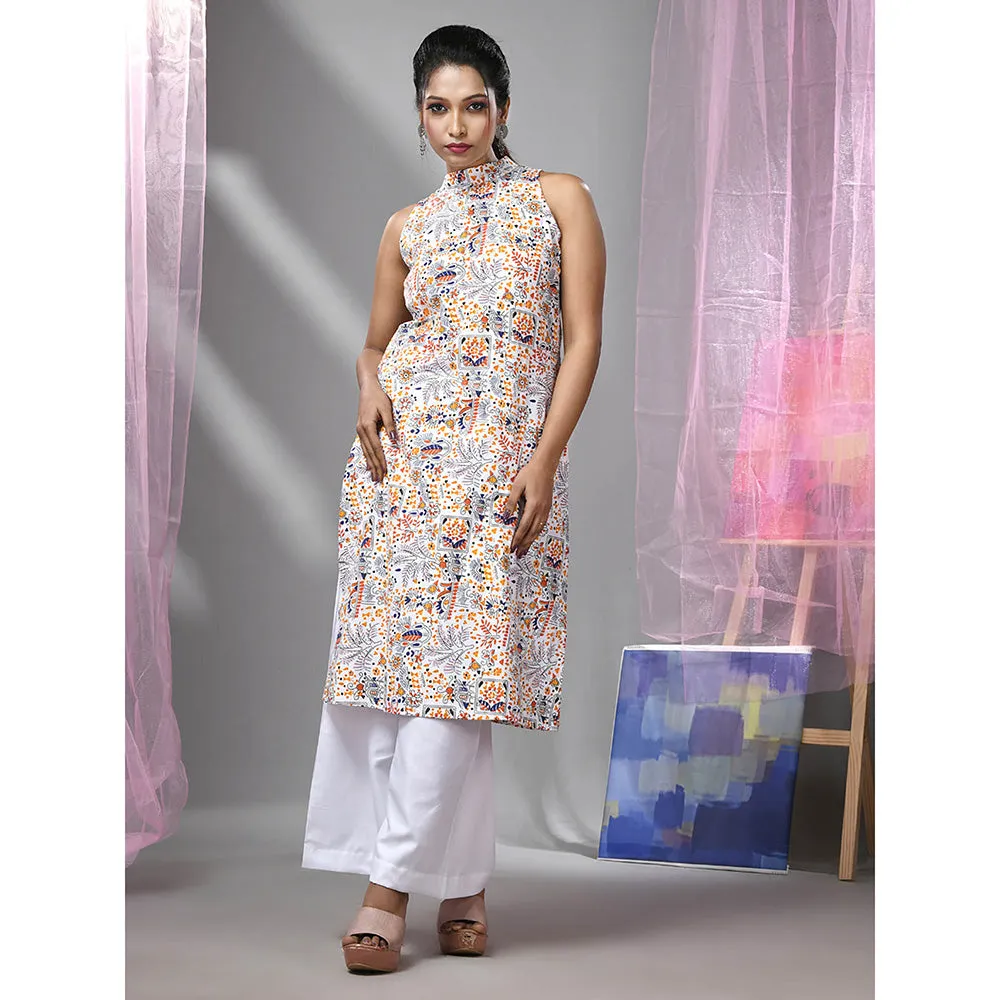 CHARUKRITI White and Blue Cotton High Neck Tribal Printed Kurta with Palazzo (Set of 2)