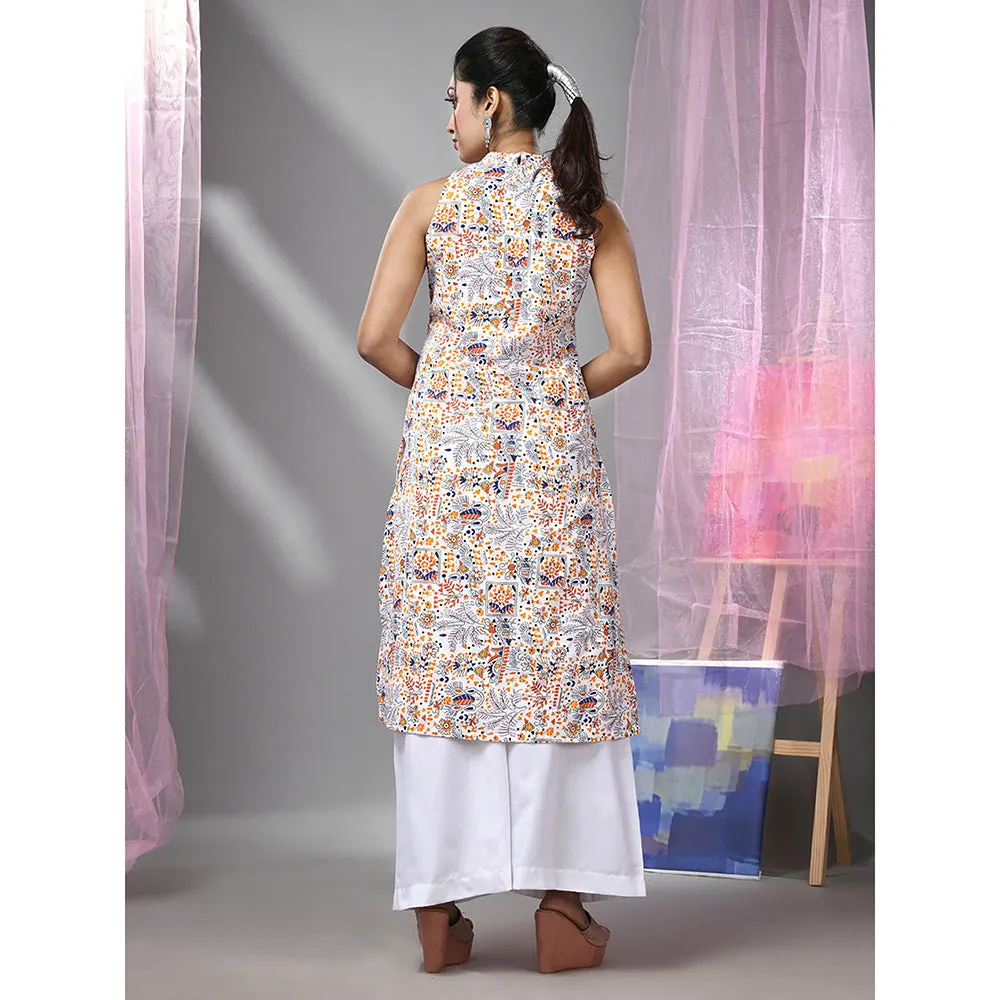 CHARUKRITI White and Blue Cotton High Neck Tribal Printed Kurta with Palazzo (Set of 2)