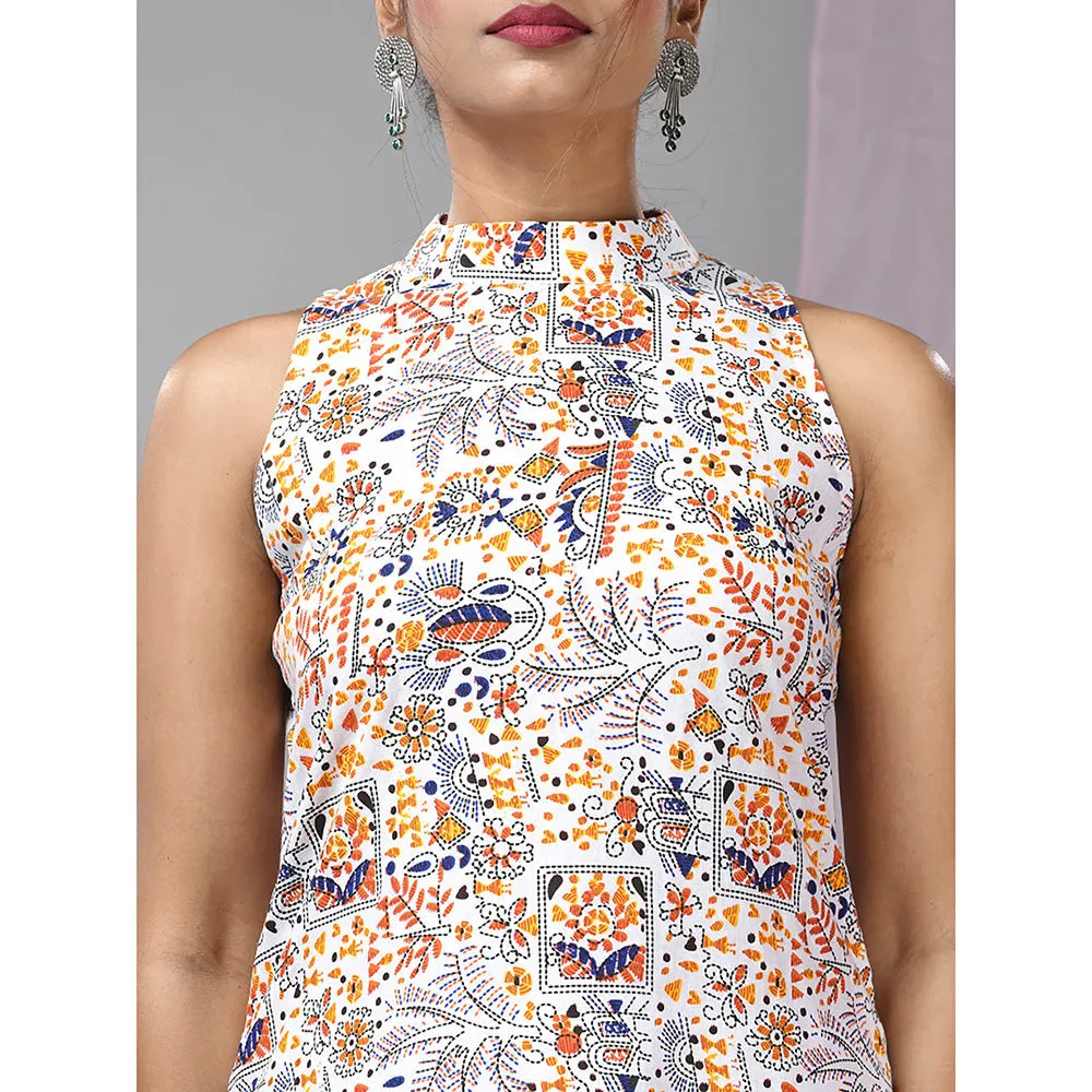CHARUKRITI White and Blue Cotton High Neck Tribal Printed Kurta with Palazzo (Set of 2)