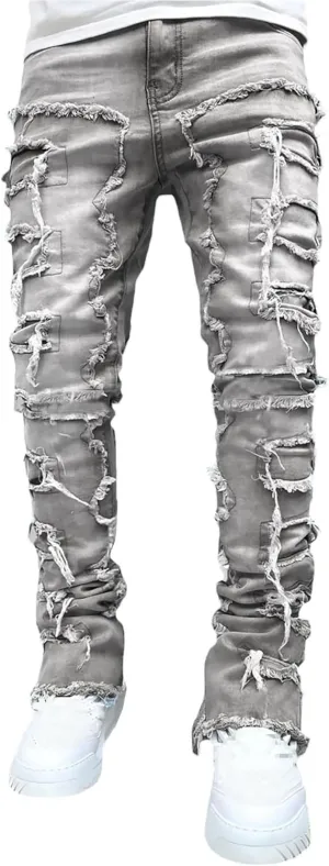 Conshvi Men's Slim Fit Stretch Jeans Distressed Patchwork Stacked Frayed Straight Leg Skinny Denim Pants