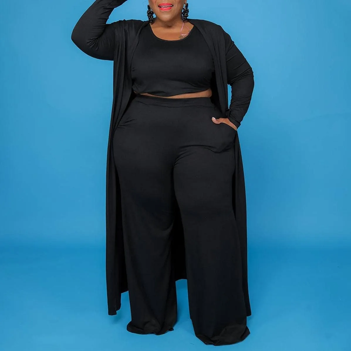 CROSTRITON Women 3 Piece Plus Size Suit Solid Long Sleeve Open Front Long Coat with Leg pants Loungewear
