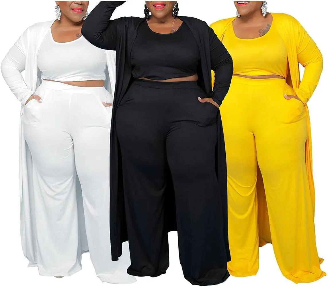 CROSTRITON Women 3 Piece Plus Size Suit Solid Long Sleeve Open Front Long Coat with Leg pants Loungewear