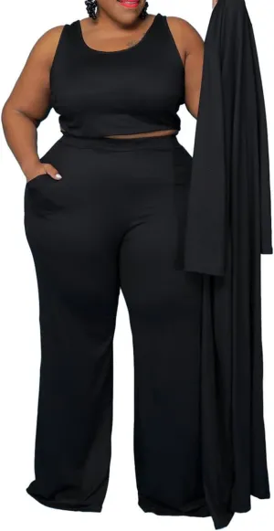 CROSTRITON Women 3 Piece Plus Size Suit Solid Long Sleeve Open Front Long Coat with Leg pants Loungewear