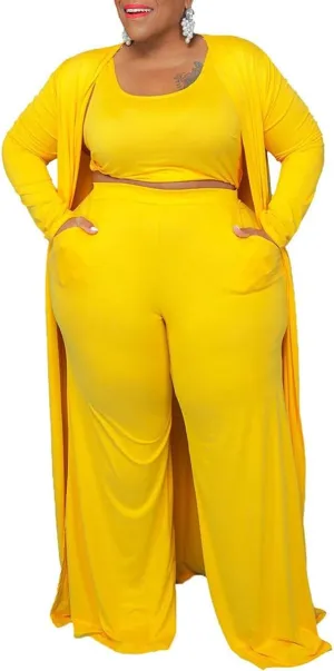 CROSTRITON Women 3 Piece Plus Size Suit Solid Long Sleeve Open Front Long Coat with Leg pants Loungewear