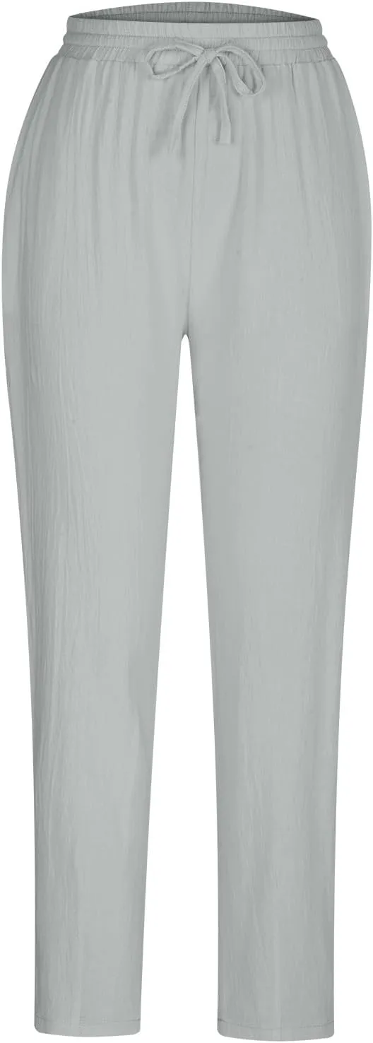 DASAYO Linen Pants Women Summer Drawstring Elastic Waist Ankle Length Tapered Pants with Pockets Comfy Casual Beach Trousers
