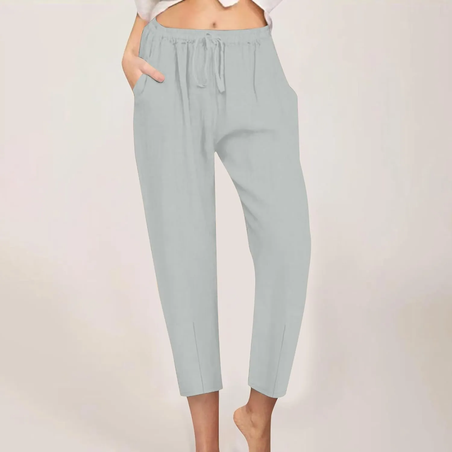 DASAYO Linen Pants Women Summer Drawstring Elastic Waist Ankle Length Tapered Pants with Pockets Comfy Casual Beach Trousers