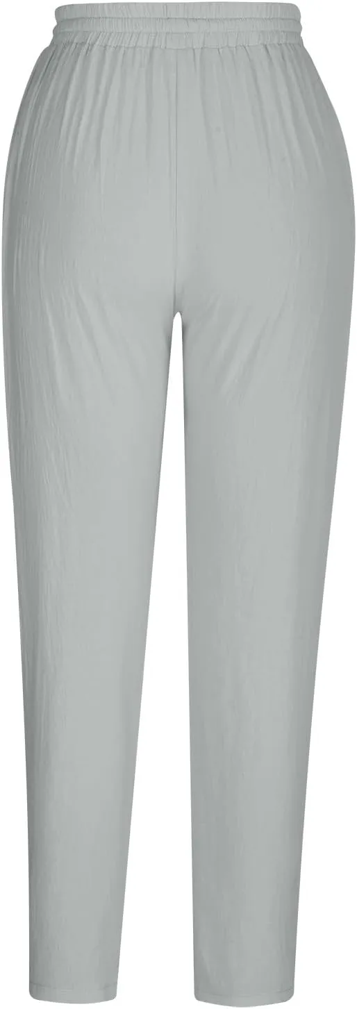 DASAYO Linen Pants Women Summer Drawstring Elastic Waist Ankle Length Tapered Pants with Pockets Comfy Casual Beach Trousers