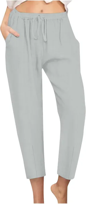 DASAYO Linen Pants Women Summer Drawstring Elastic Waist Ankle Length Tapered Pants with Pockets Comfy Casual Beach Trousers