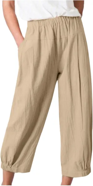 DASAYO Women's Linen Pants Summer Elastic Wasit Ankle Length Casual Pants Ladies Loose Fit Lightweight Trousers with Pockets