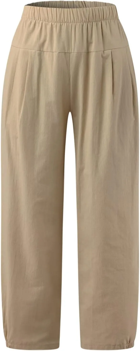 DASAYO Women's Linen Pants Summer Elastic Wasit Ankle Length Casual Pants Ladies Loose Fit Lightweight Trousers with Pockets