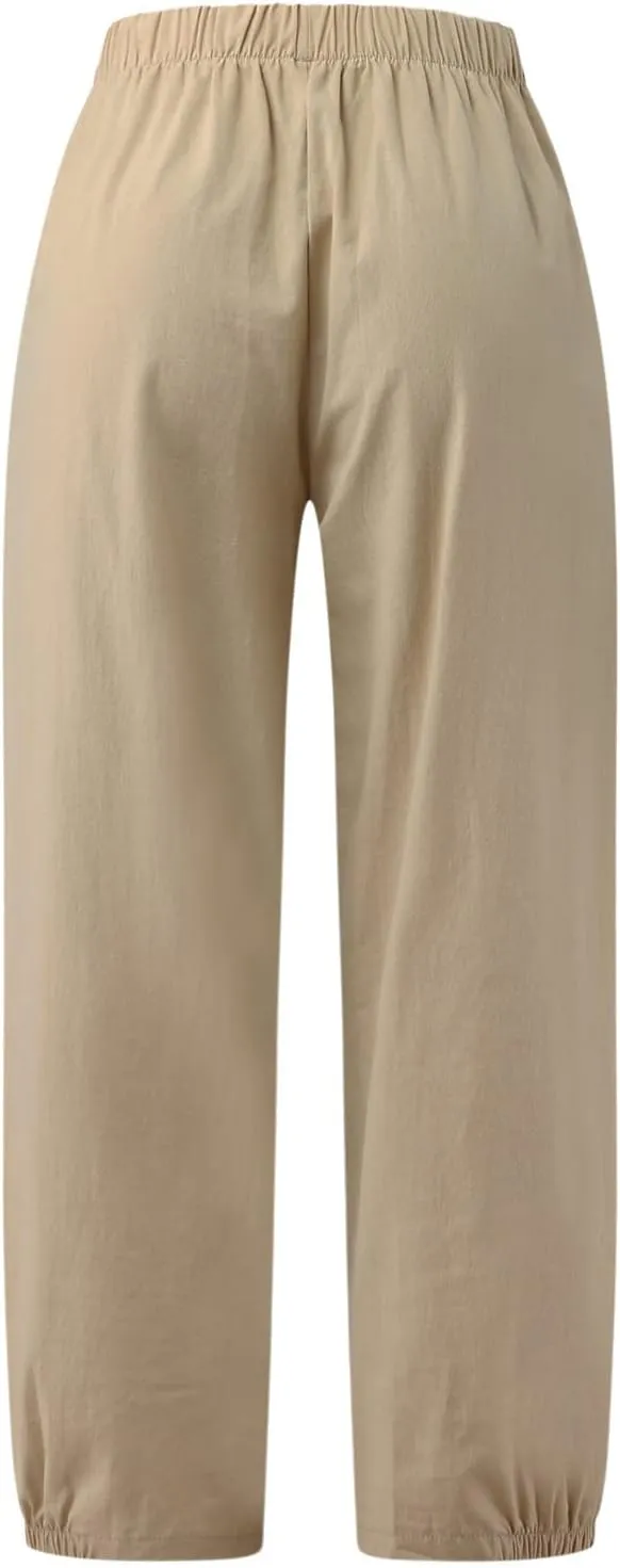 DASAYO Women's Linen Pants Summer Elastic Wasit Ankle Length Casual Pants Ladies Loose Fit Lightweight Trousers with Pockets