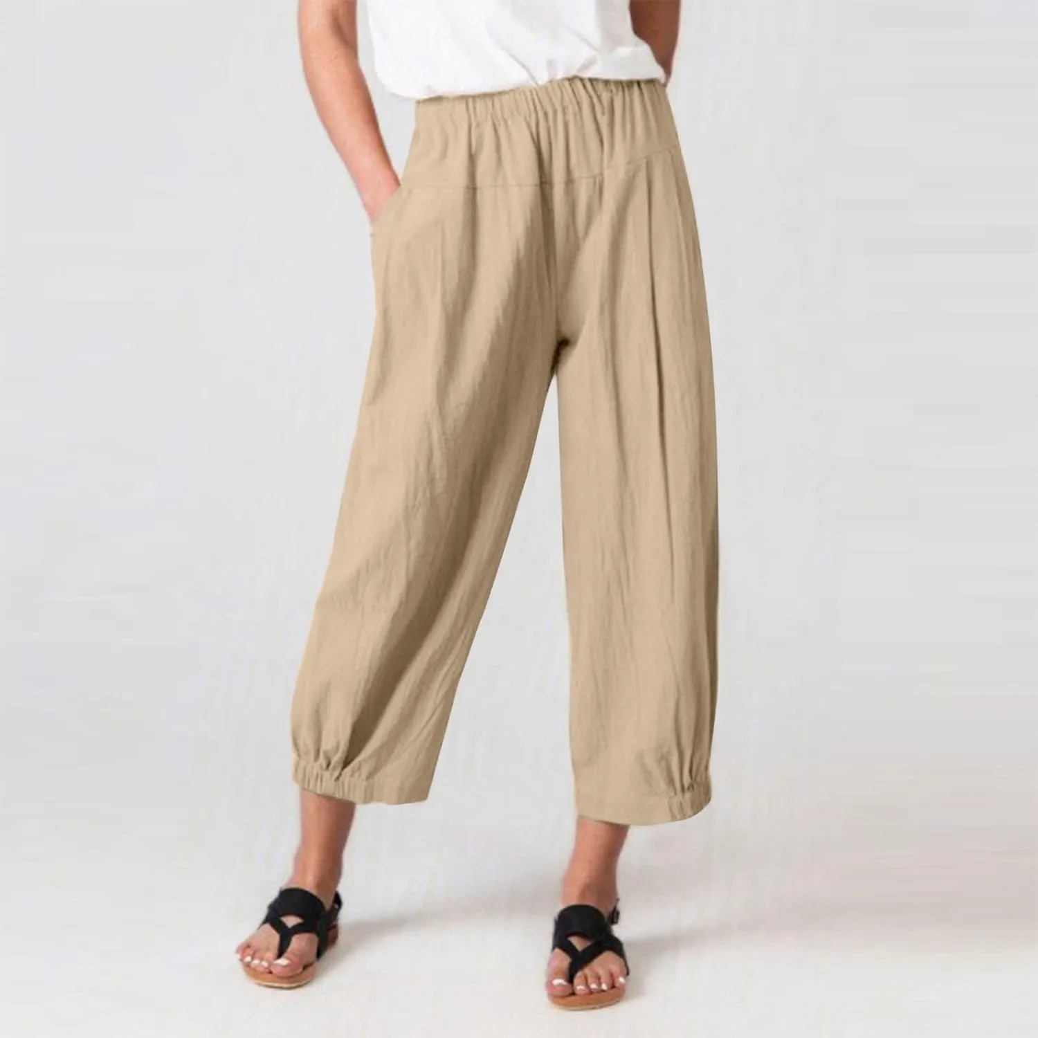 DASAYO Women's Linen Pants Summer Elastic Wasit Ankle Length Casual Pants Ladies Loose Fit Lightweight Trousers with Pockets