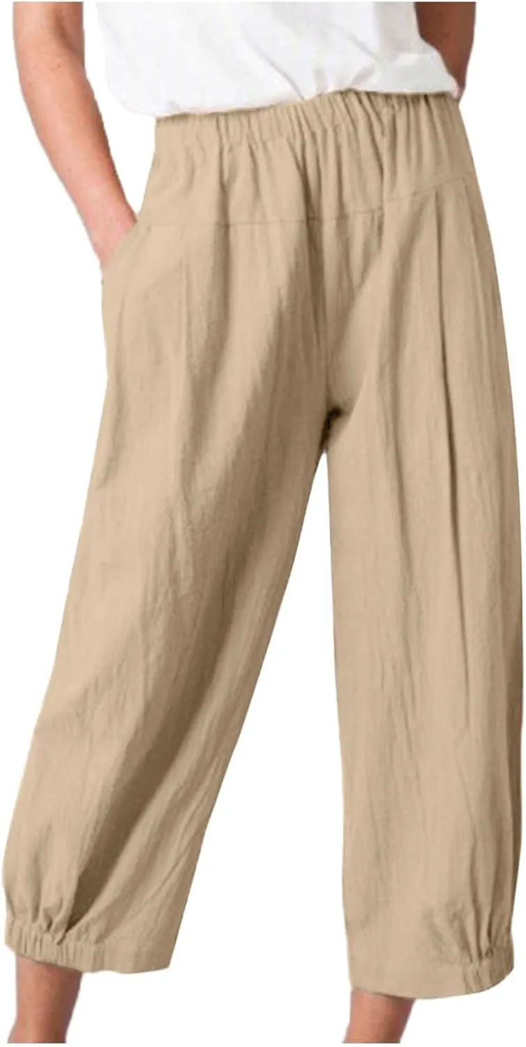 DASAYO Women's Linen Pants Summer Elastic Wasit Ankle Length Casual Pants Ladies Loose Fit Lightweight Trousers with Pockets