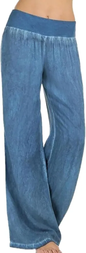 Dawery Women Casual Cotton Pull-on Pant with Elastic Waist High Waist Denim Wide Leg Palazzo Pants Jeans Trousers