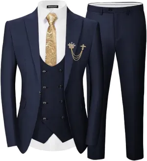 EMERAIDVLN Men's 3 Pieces Suit Slim Fit Elegant Wedding Prom Suits 1 Botton Blazer Double Breasted Vest and Pants Tuxedo Set