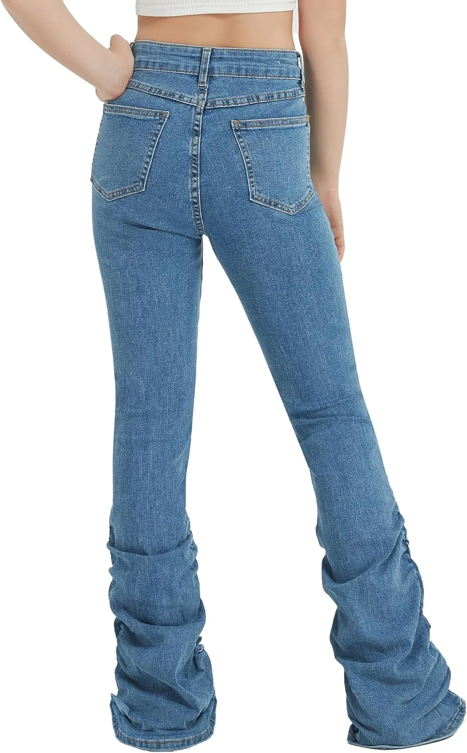 EXARUS Girls Stacked Flare Jeans High Waisted Denim Bell Bottom Bootcut Casual Kids School Ruch Pants with Pockets 8-14Y