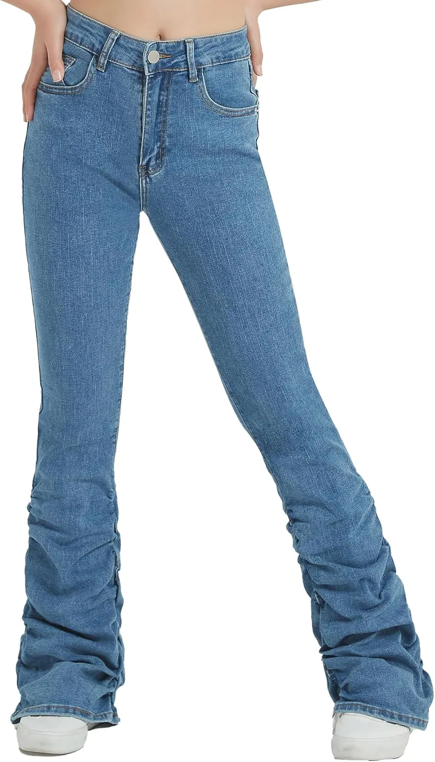 EXARUS Girls Stacked Flare Jeans High Waisted Denim Bell Bottom Bootcut Casual Kids School Ruch Pants with Pockets 8-14Y