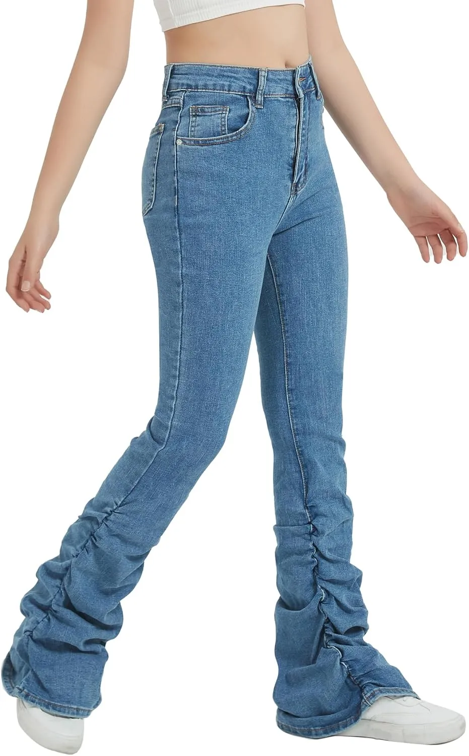 EXARUS Girls Stacked Flare Jeans High Waisted Denim Bell Bottom Bootcut Casual Kids School Ruch Pants with Pockets 8-14Y
