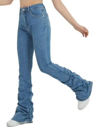 EXARUS Girls Stacked Flare Jeans High Waisted Denim Bell Bottom Bootcut Casual Kids School Ruch Pants with Pockets 8-14Y