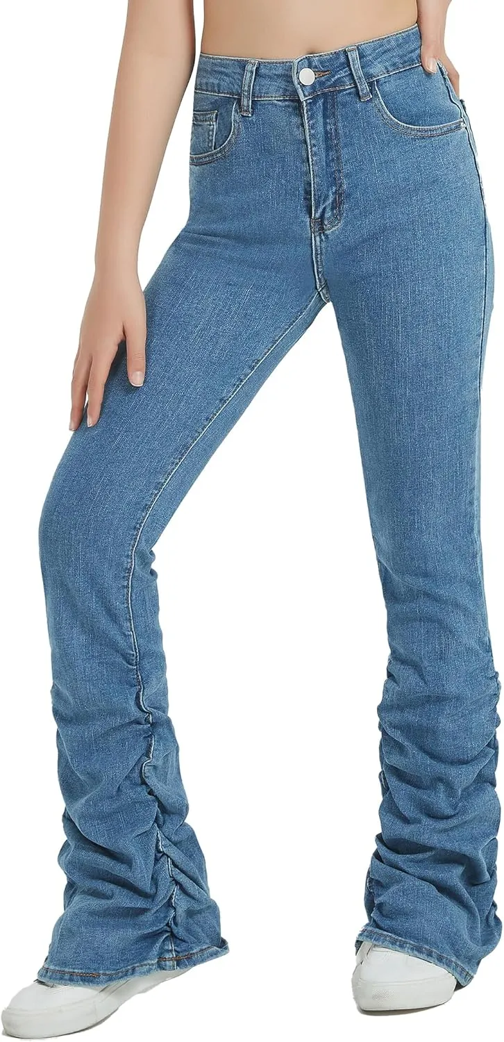 EXARUS Girls Stacked Flare Jeans High Waisted Denim Bell Bottom Bootcut Casual Kids School Ruch Pants with Pockets 8-14Y