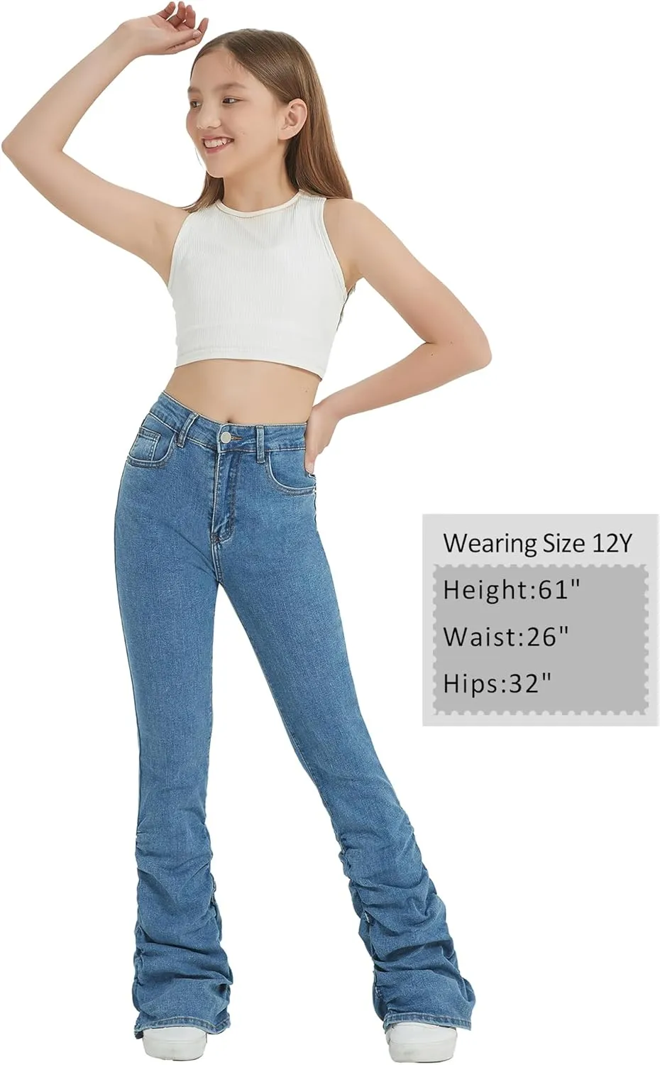 EXARUS Girls Stacked Flare Jeans High Waisted Denim Bell Bottom Bootcut Casual Kids School Ruch Pants with Pockets 8-14Y