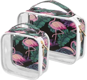 Exotic-flamingos-tropical-print 2 Pack Clear Toiletry Bag Women Men, Portable Waterproof Clear Pouch, Cosmetic Bag with Double Zippers Large Opening Traveling with Handle for Bathroom Traveling Vacati