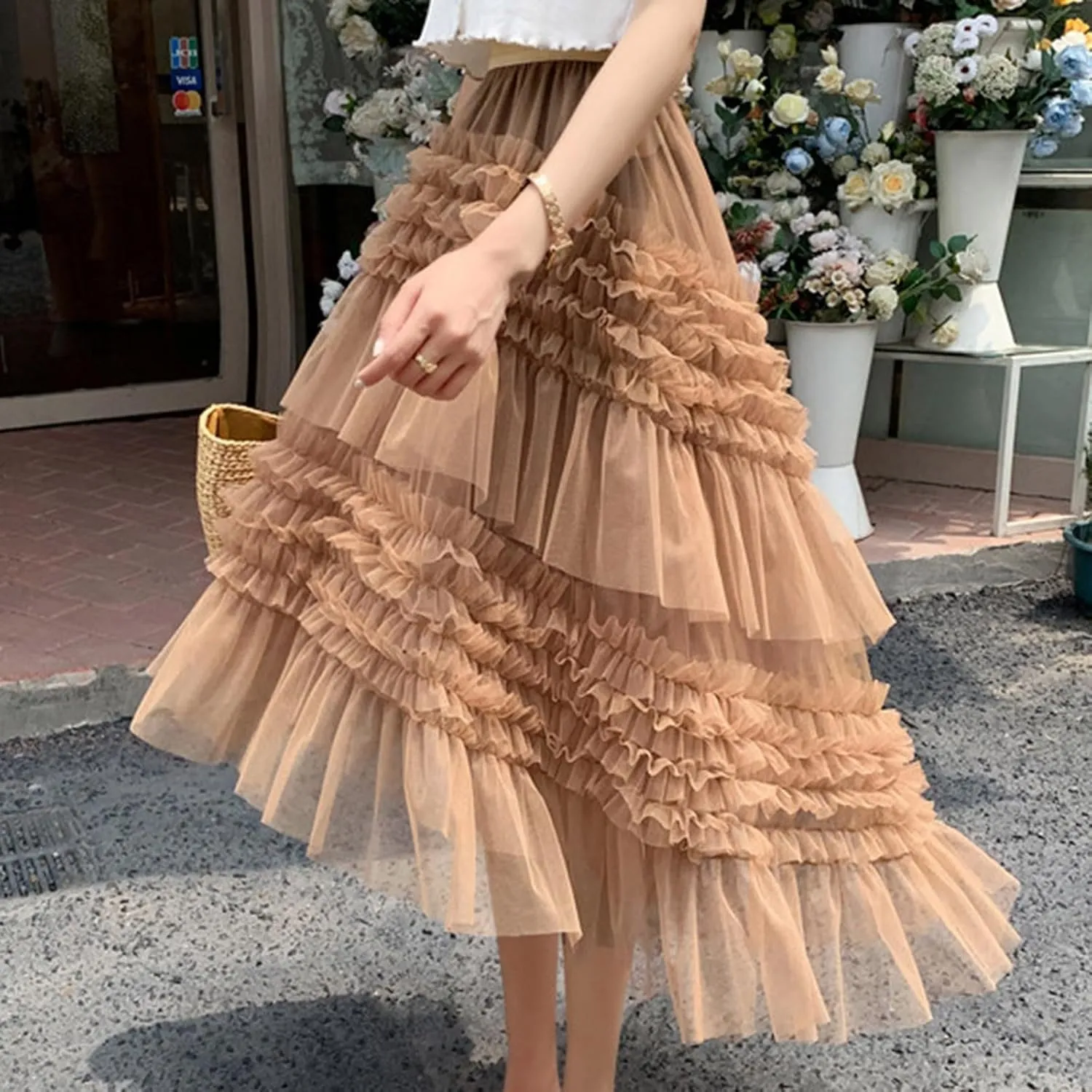 Fairy Tulle Midi Skirts for Women High Waist Ruffle Swing Aline Tutu Skirt Spring Summer Long Half Dress Outfits