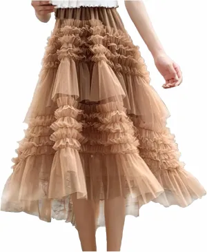 Fairy Tulle Midi Skirts for Women High Waist Ruffle Swing Aline Tutu Skirt Spring Summer Long Half Dress Outfits