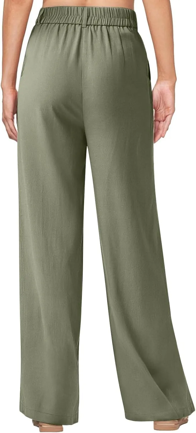 fanmpghleoo Linen Pants Women Summer Elastic High Waisted Wide Leg Dress Pants Business Casual Linen Trousers with Pockets