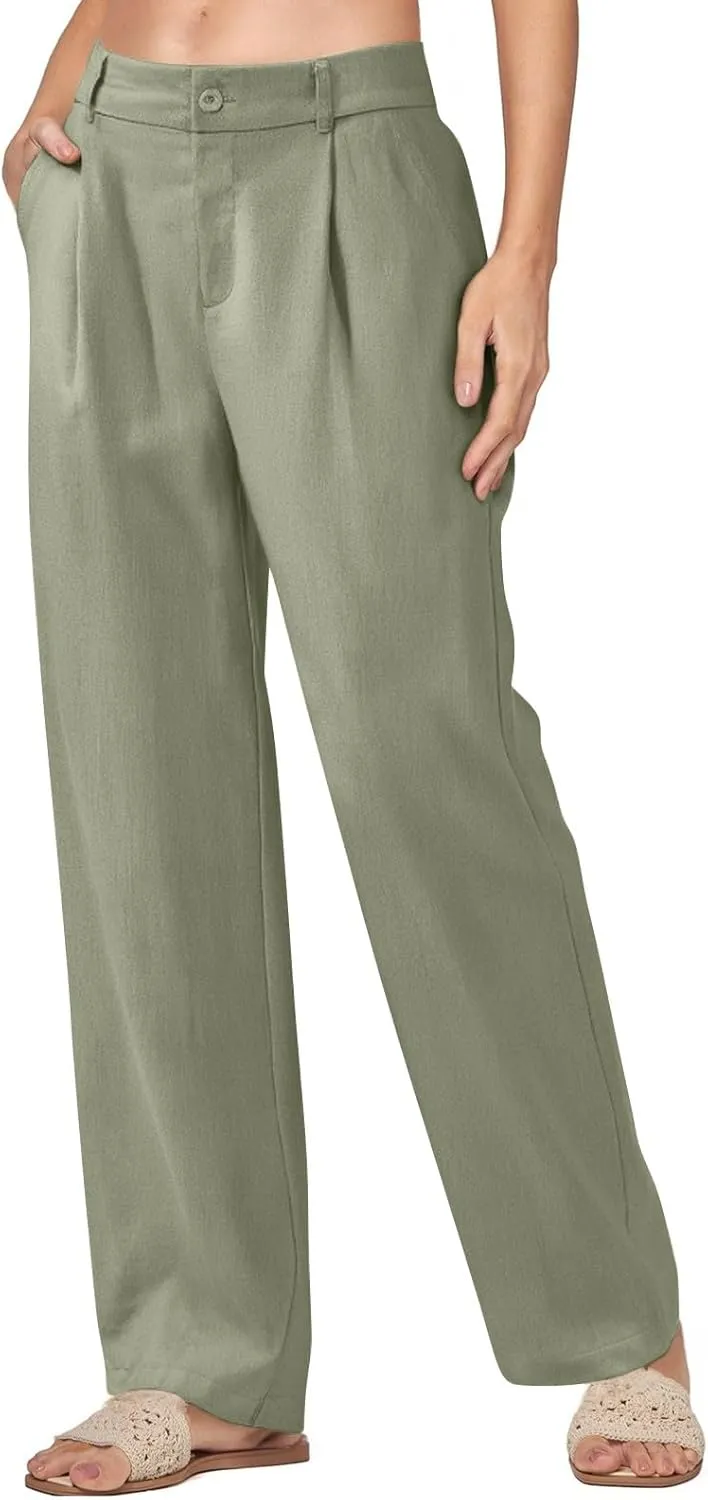 fanmpghleoo Linen Pants Women Summer Elastic High Waisted Wide Leg Dress Pants Business Casual Linen Trousers with Pockets
