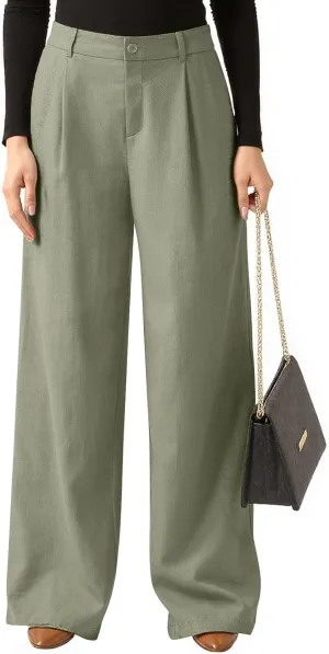 fanmpghleoo Linen Pants Women Summer Elastic High Waisted Wide Leg Dress Pants Business Casual Linen Trousers with Pockets