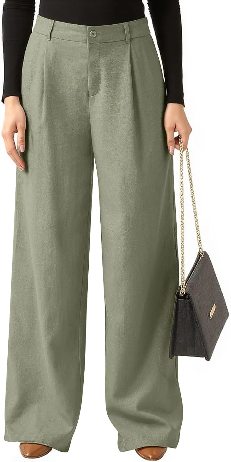 fanmpghleoo Linen Pants Women Summer Elastic High Waisted Wide Leg Dress Pants Business Casual Linen Trousers with Pockets