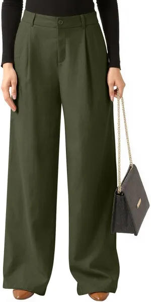 fanmpghleoo Linen Pants Women Summer Elastic High Waisted Wide Leg Dress Pants Business Casual Linen Trousers with Pockets