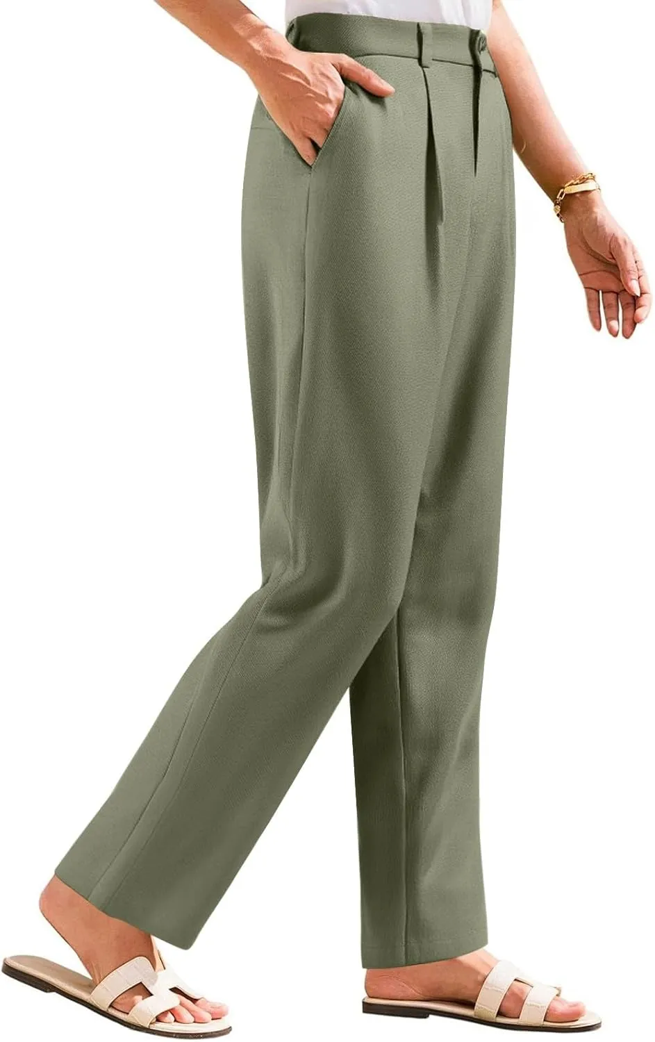 fanmpghleoo Linen Pants Women Summer Elastic High Waisted Wide Leg Dress Pants Business Casual Linen Trousers with Pockets