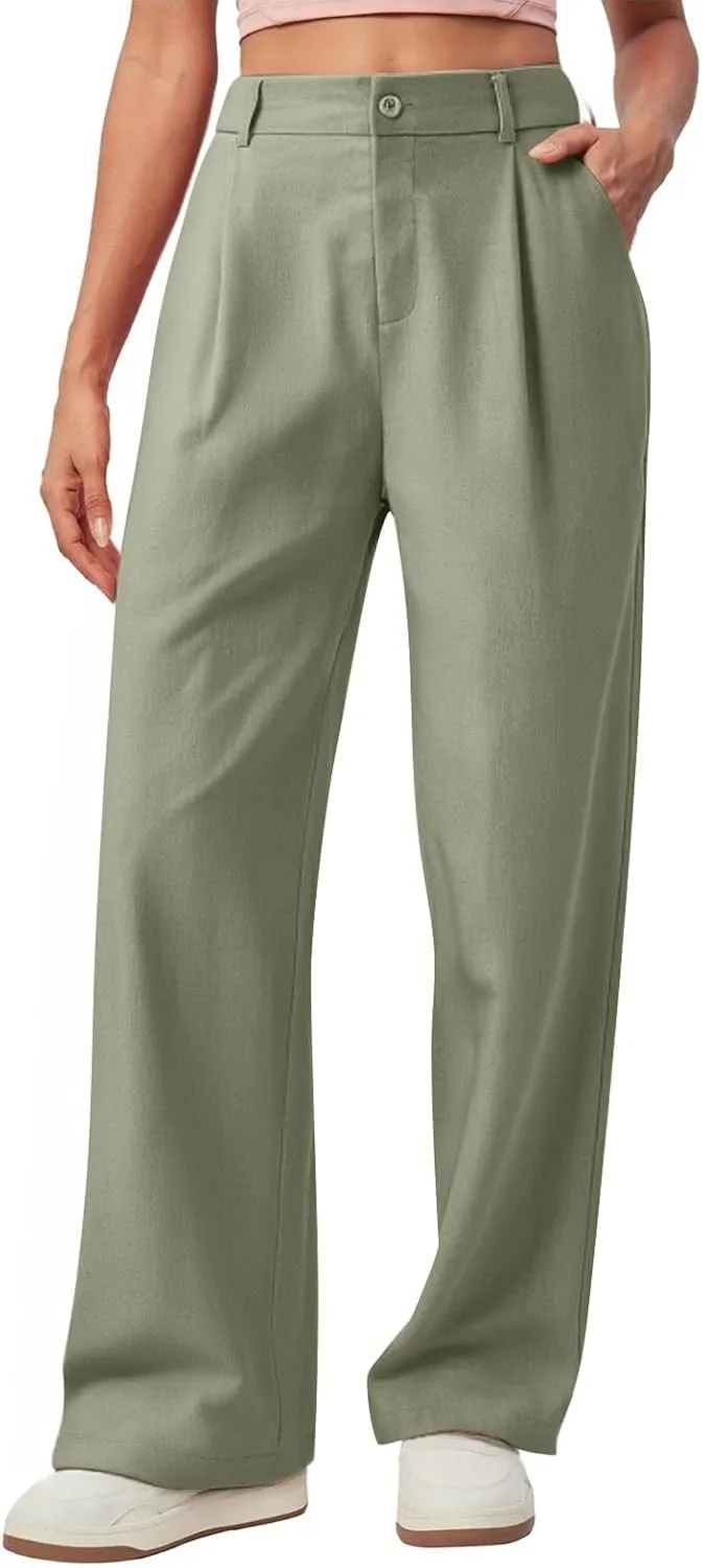 fanmpghleoo Linen Pants Women Summer Elastic High Waisted Wide Leg Dress Pants Business Casual Linen Trousers with Pockets