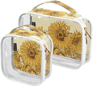Field-sunflowers Print 2 Pack Clear Toiletry Bag Women Men, Portable Waterproof Clear Pouch, Cosmetic Bag with Double Zippers Large Opening Traveling with Handle for Bathroom Traveling Vacation Organi